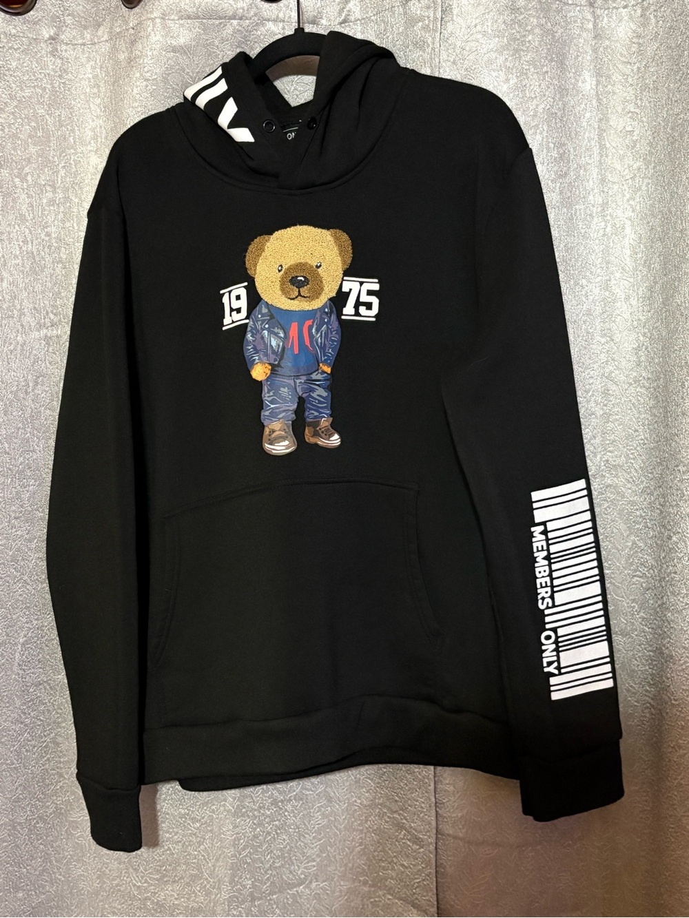 Members Only Black Hoodie with White Sleeve Barcode Print